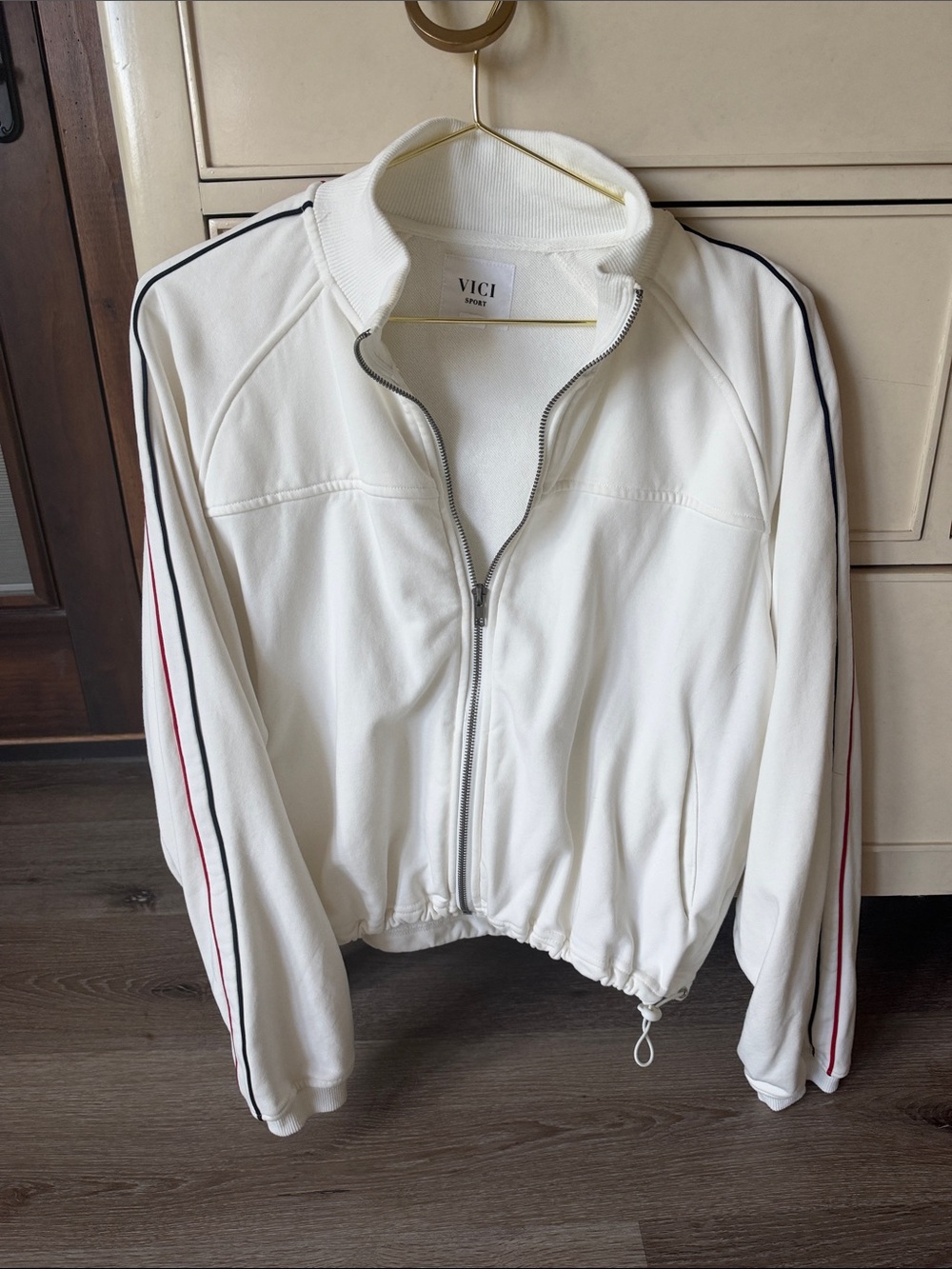 Vici White Bomber Jacket with Black & Red Stripe Trim